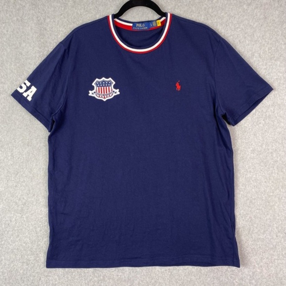 Polo Ralph Lauren Shirt Mens‎ L Navy Blue USA Shield Crewneck Short Sleeve